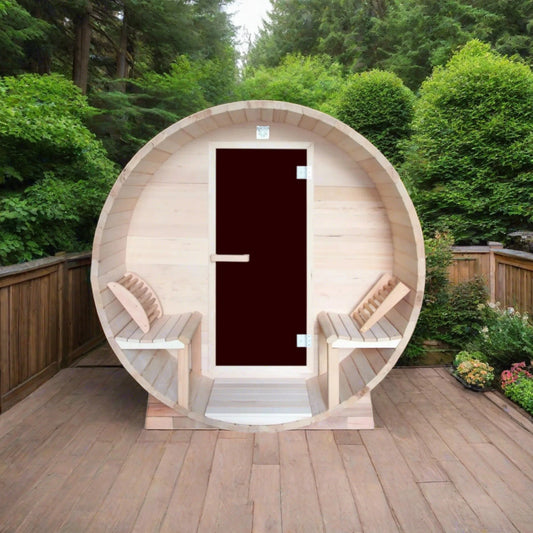 Front side of an outdoor barrel sauna with a porch