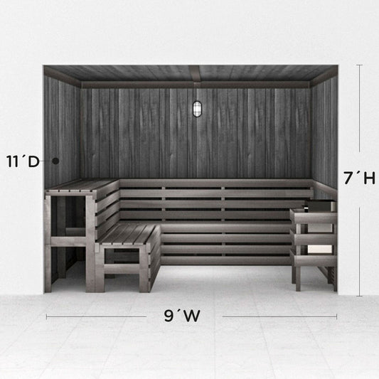 Precut sauna layout diagram, 11 by 9 by 7 ft, black finish