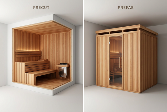 Illustration comparing a precut sauna fitted into a prepared room with a freestanding prefab sauna enclosure