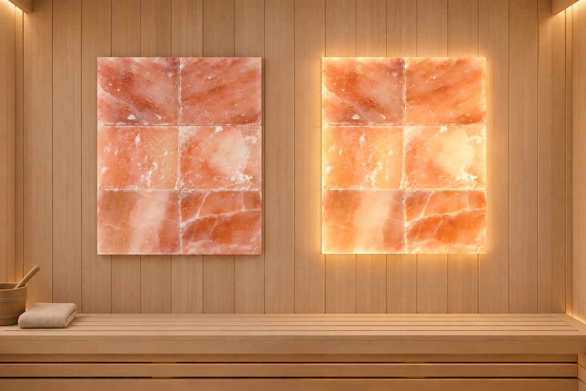 Himalayan salt panels shown unlit and softly backlit in a premium sauna setting