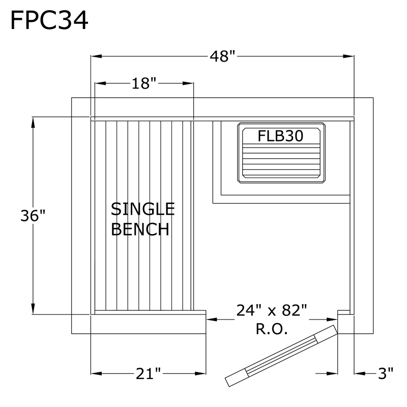 Finlandia Avalon sauna floor plan, 3 by 4 ft layout