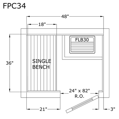 Finlandia Avalon sauna floor plan, 3 by 4 ft layout