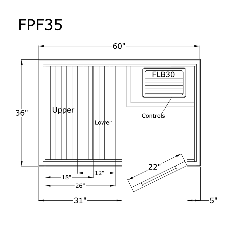 Finlandia Avalon sauna floor plan, 3 by 5 ft layout