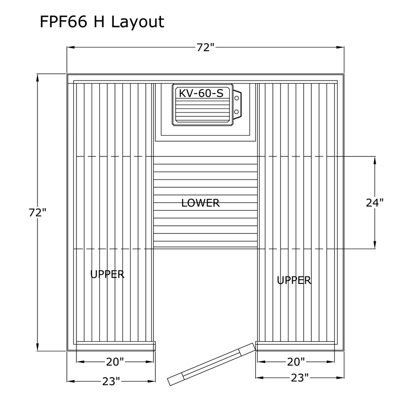 Finlandia Avalon sauna floor plan, 6 by 6 ft H-shape layout
