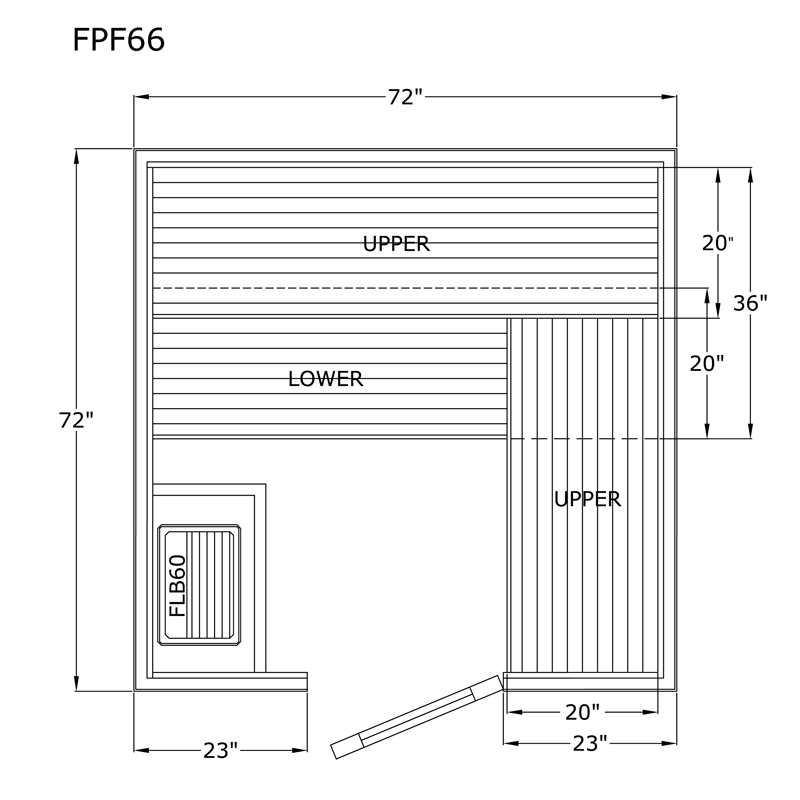 Finlandia Avalon sauna floor plan, 6 by 6 ft layout
