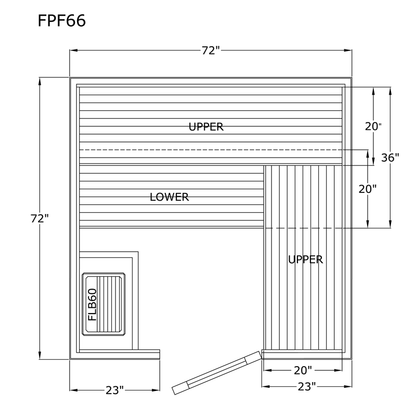 Finlandia Avalon sauna floor plan, 6 by 6 ft layout
