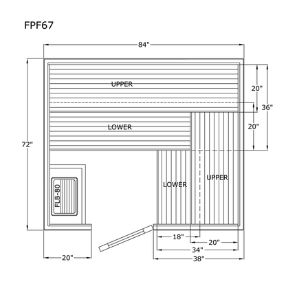 Finlandia Avalon sauna floor plan, 6 by 7 ft layout