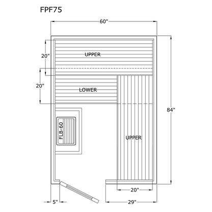 Finlandia Avalon sauna floor plan, 7 by 5 ft layout