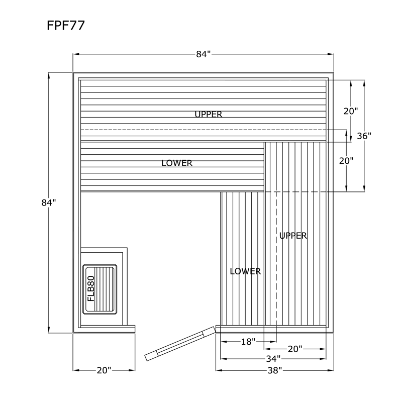 Finlandia Avalon sauna floor plan, 7 by 7 ft layout