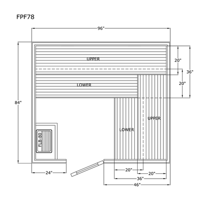 Finlandia Avalon sauna floor plan, 7 by 8 ft layout