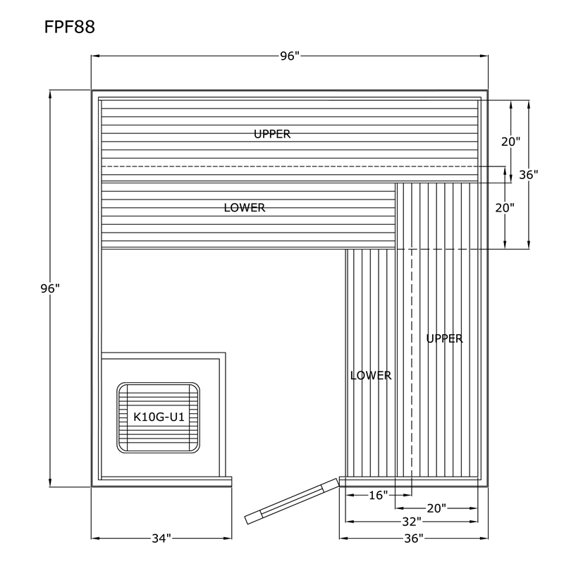 Finlandia Avalon sauna floor plan, 8 by 8 ft layout