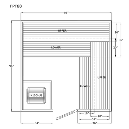Finlandia Avalon sauna floor plan, 8 by 8 ft layout