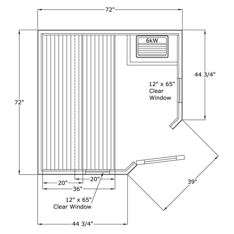 Detail view of the Finlandia Catalina FPF66-5S corner sauna kit with glass sidelights