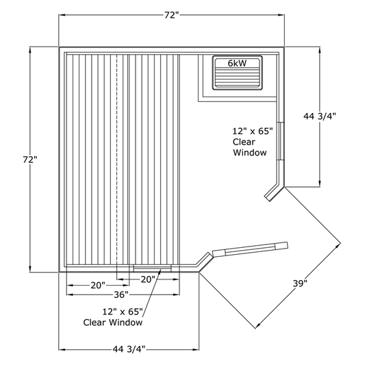 Detail view of the Finlandia Catalina FPF66-5S corner sauna kit with glass sidelights