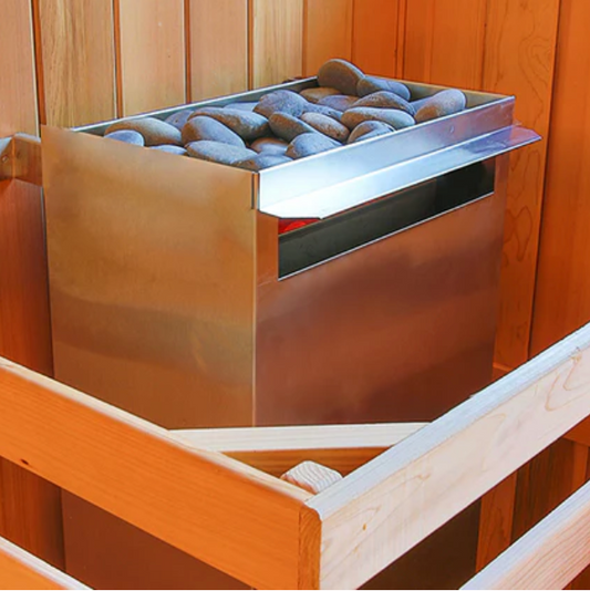 Scandia medium electric sauna heater topped with sauna rocks