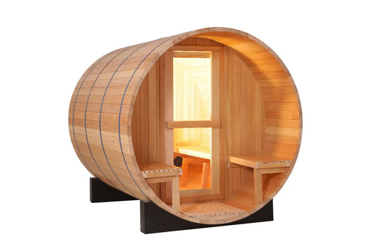 traditional barrel sauna with canopy