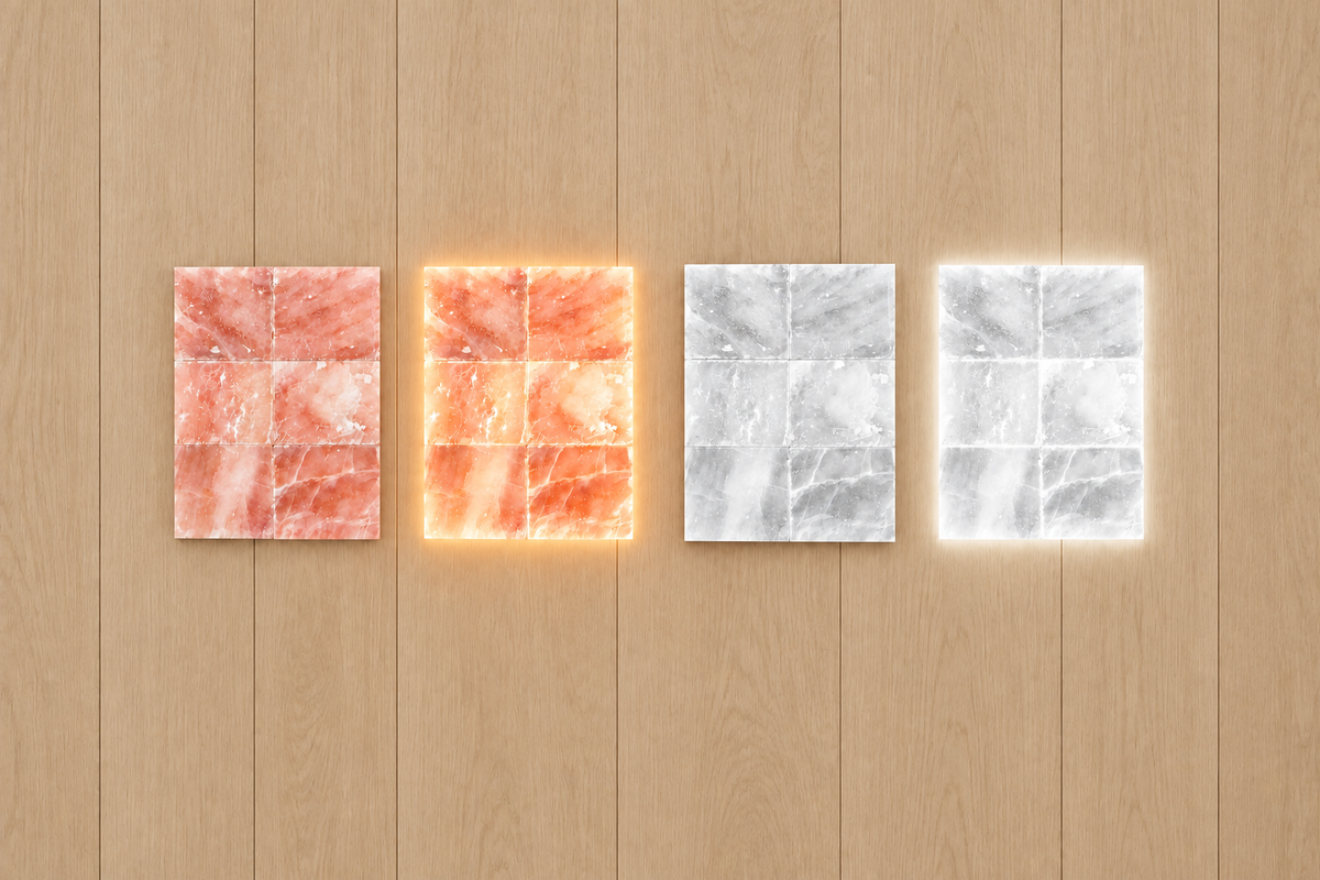 Four salt panels on a light natural oak wall