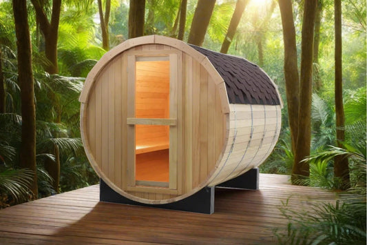 traditional barrel sauna with no canopy
