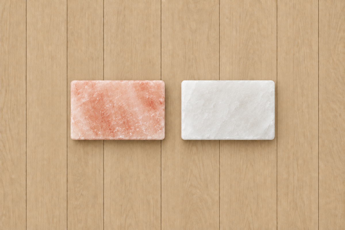 Wide pink and white individual salt bricks on light oak