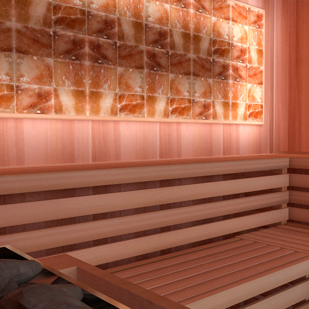 Four-person Himalayan salt sauna with perimeter lighting