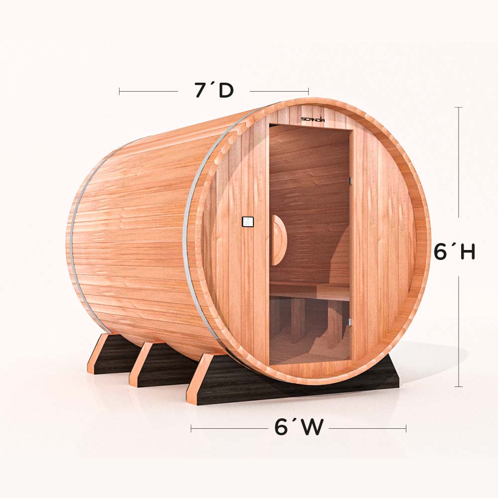 Cedar barrel sauna with glass door, 6 by 7 by 6 ft