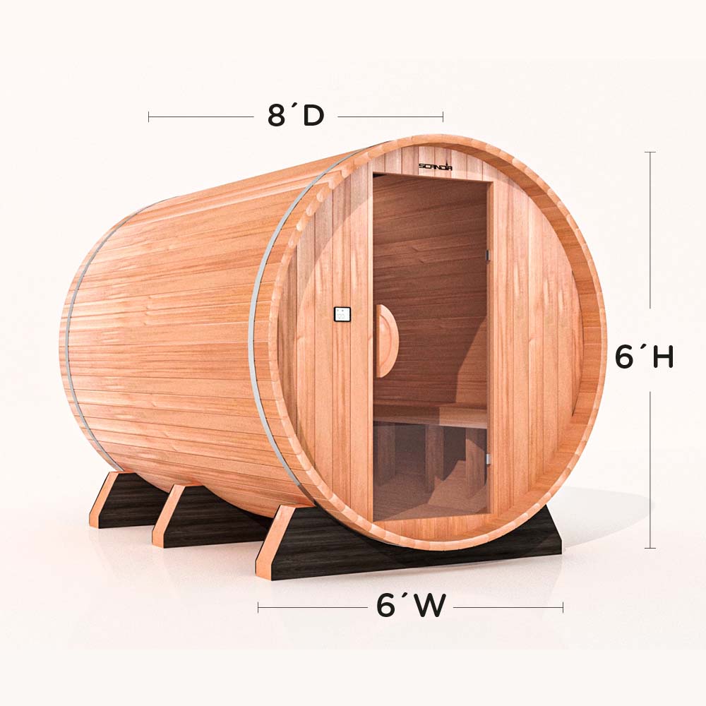 Cedar barrel sauna with glass door, 6 by 8 by 6 ft