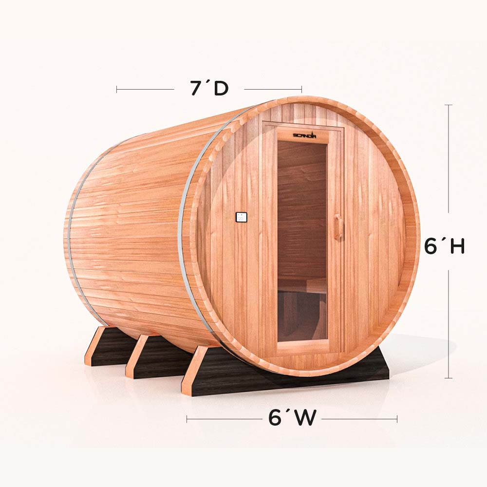 Cedar barrel sauna with wood door, 6 by 7 by 6 ft