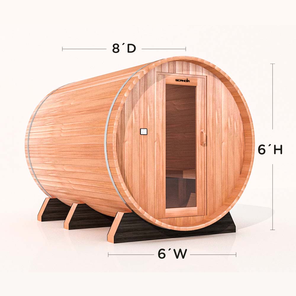 Cedar barrel sauna with wood door, 6 by 8 by 6 ft
