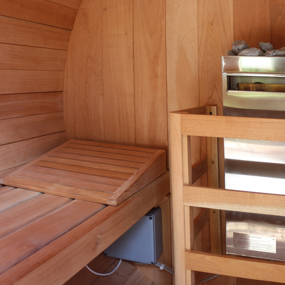 Backrest inside a cedar barrel sauna
