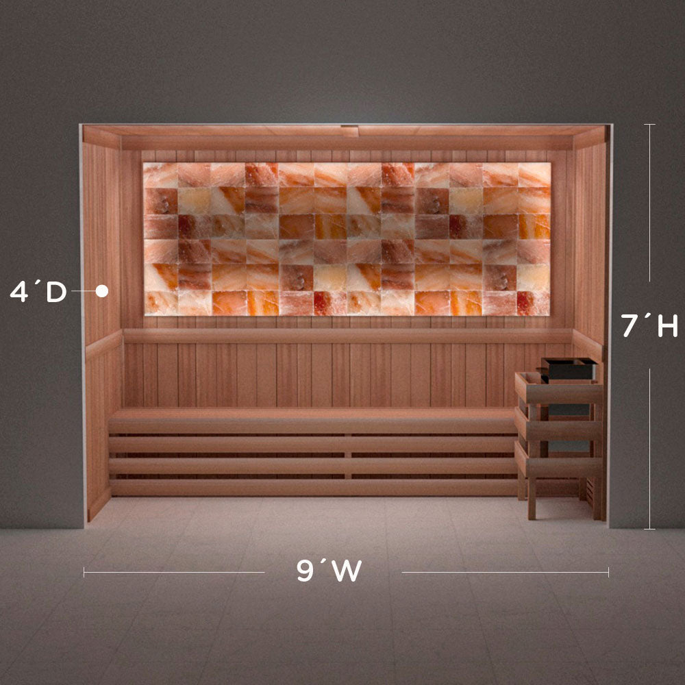 Himalayan salt sauna layout with perimeter lighting, 4 by 9 by 7 ft
