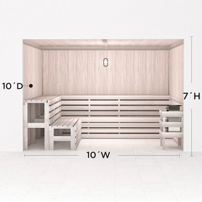 Precut sauna layout diagram, 10 by 10 by 7 ft, white finish