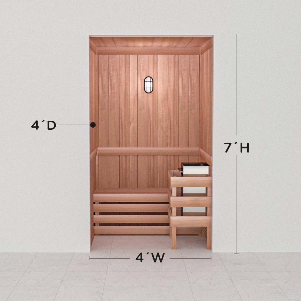 Scandia precut cedar sauna layout, 4 by 4 by 7 ft