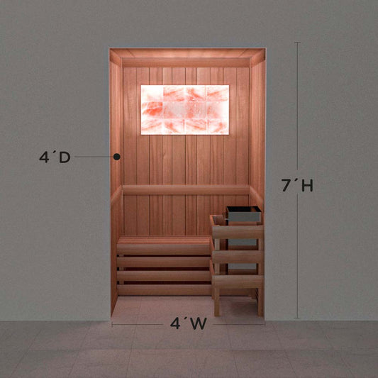 Himalayan salt sauna layout with perimeter lighting, 4 by 4 by 7 ft