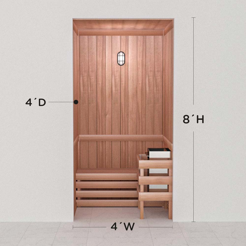 Scandia precut cedar sauna layout, 4 by 4 by 8 ft