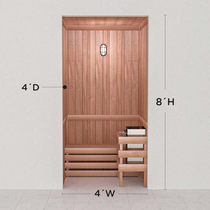 Scandia precut cedar sauna layout, 4 by 4 by 8 ft