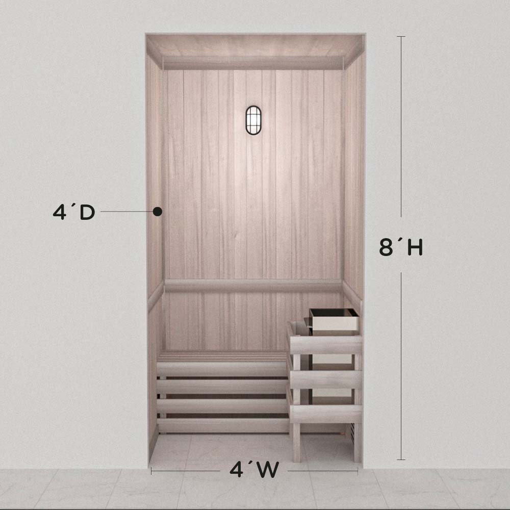 Hand-finished white precut sauna layout, 4 by 4 by 8 ft