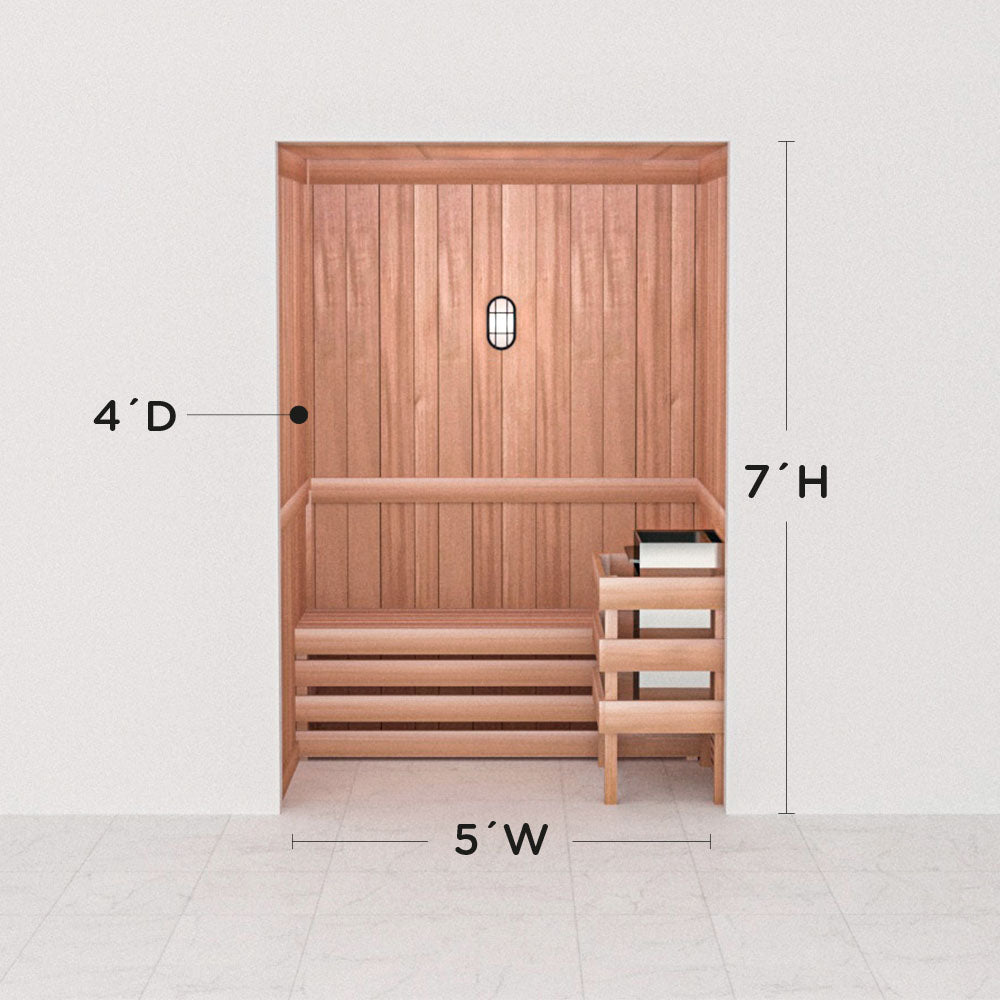 Scandia precut cedar sauna layout, 4 by 5 by 7 ft