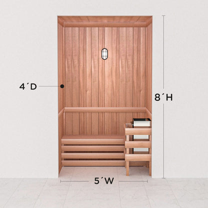 Scandia precut cedar sauna layout, 4 by 5 by 8 ft