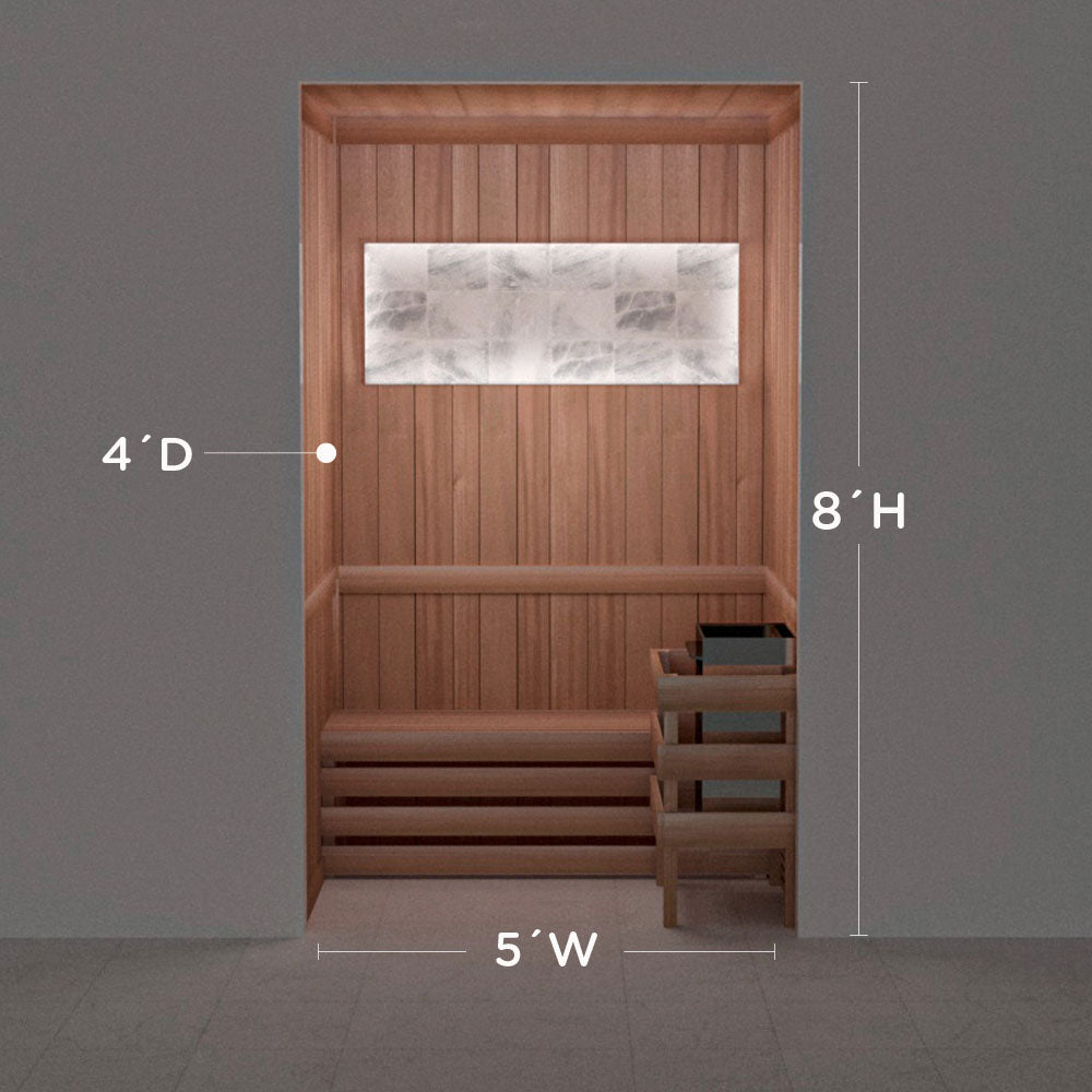 Himalayan salt sauna layout with perimeter lighting, 4 by 5 by 8 ft