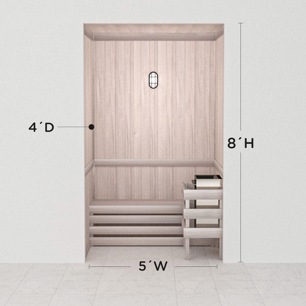 Hand-finished white precut sauna layout, 4 by 5 by 8 ft