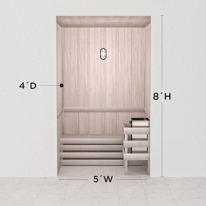 Hand-finished white precut sauna layout, 4 by 5 by 8 ft