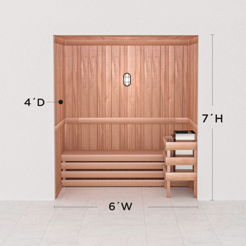 Scandia precut cedar sauna layout, 4 by 6 by 7 ft