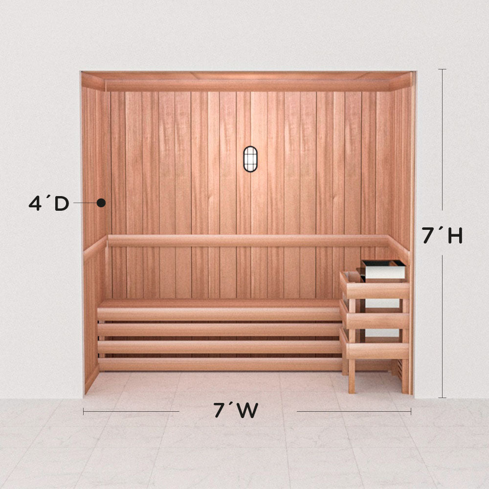 Scandia precut cedar sauna layout, 4 by 7 by 7 ft