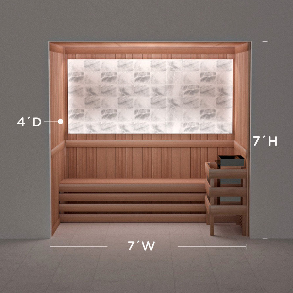 Himalayan salt sauna layout with perimeter lighting, 4 by 7 by 7 ft