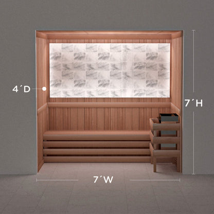 Himalayan salt sauna layout with perimeter lighting, 4 by 7 by 7 ft