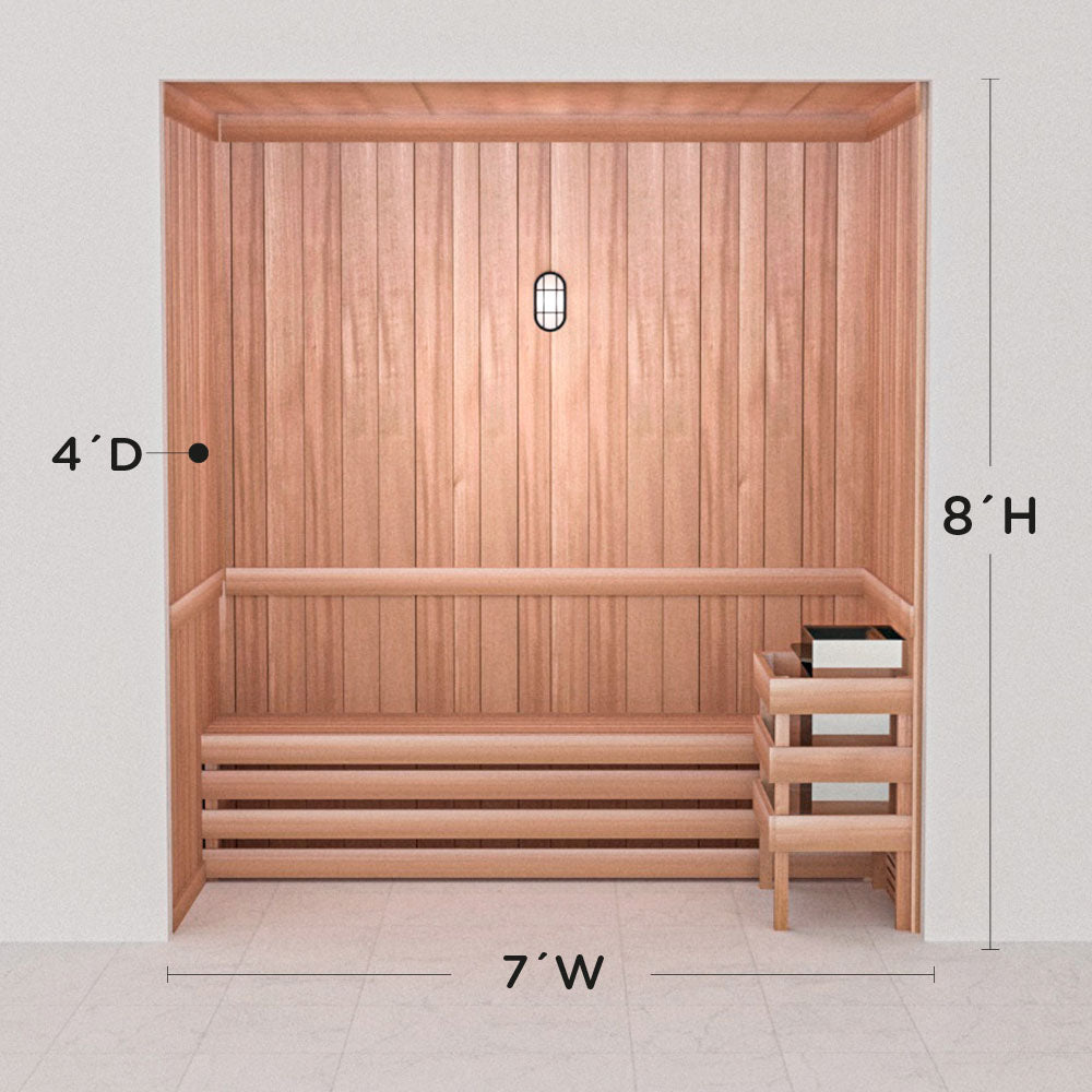Scandia precut cedar sauna layout, 4 by 7 by 8 ft