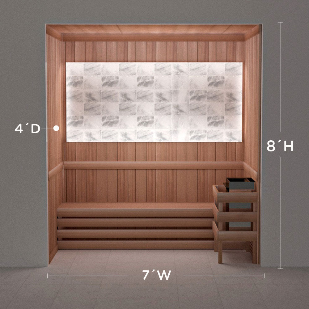 Himalayan salt sauna layout with perimeter lighting, 4 by 7 by 8 ft