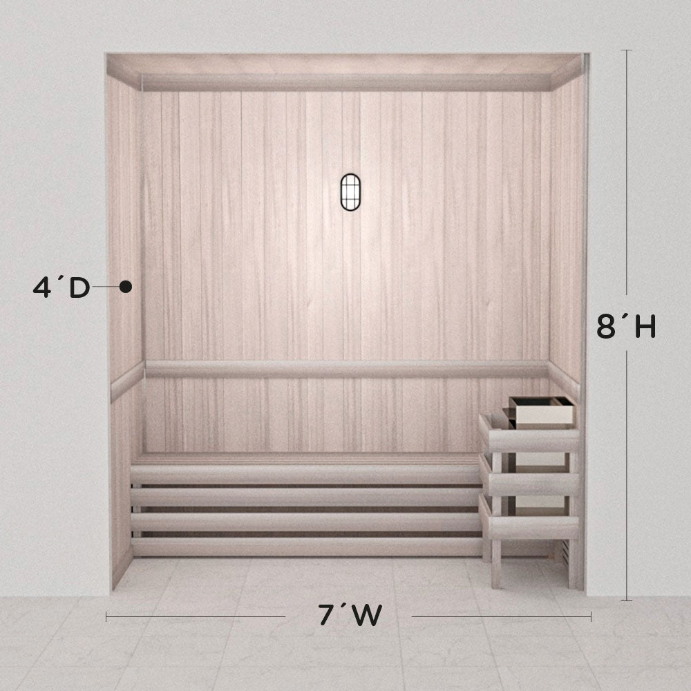 Hand-finished white precut sauna layout, 4 by 7 by 8 ft