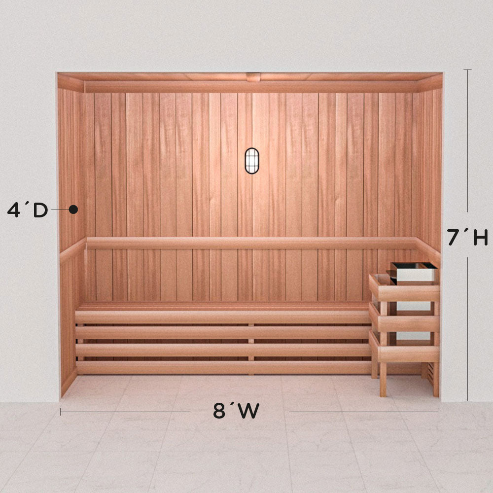 Scandia precut cedar sauna layout, 4 by 8 by 7 ft