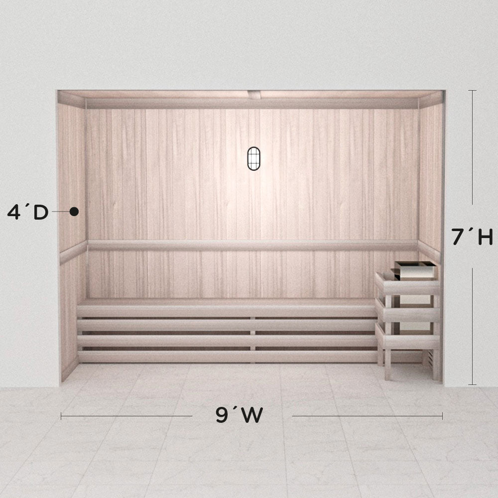 Hand-finished white precut sauna layout, 4 by 9 by 7 ft